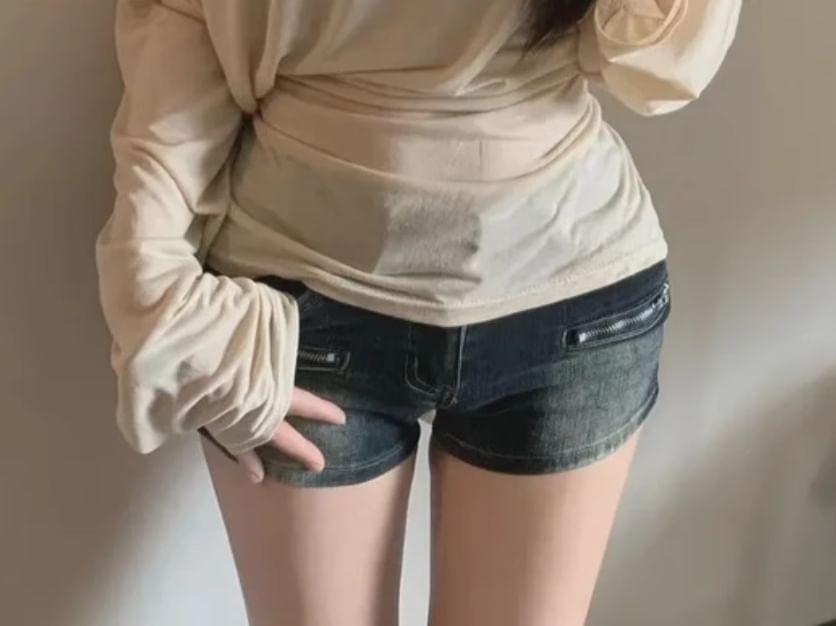 Plain Tee Neck Long-Sleeve Slim Off-Shoulder Asymmetrical Fit Sashed