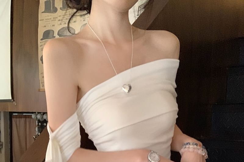 Ruched Plain Bow T-Shirt Off-Shoulder Fit Slim Short-Sleeve