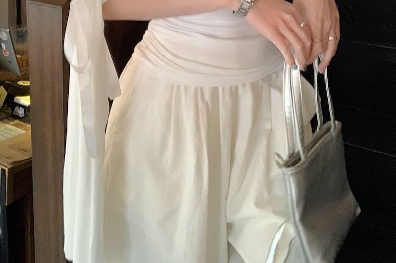 Ruched Plain Bow T-Shirt Off-Shoulder Fit Slim Short-Sleeve