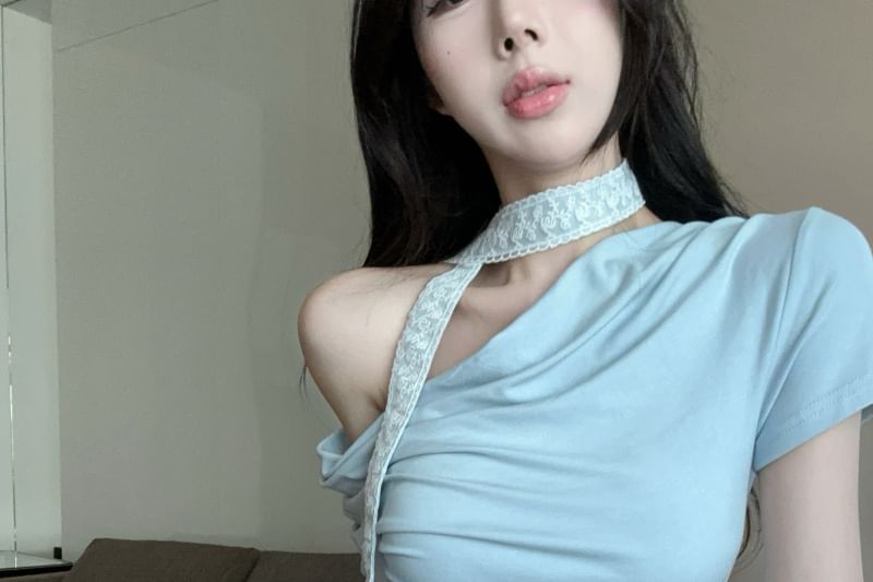 Plain Asymmetrical Neck Short-Sleeve Fit Cowl Slim Tee