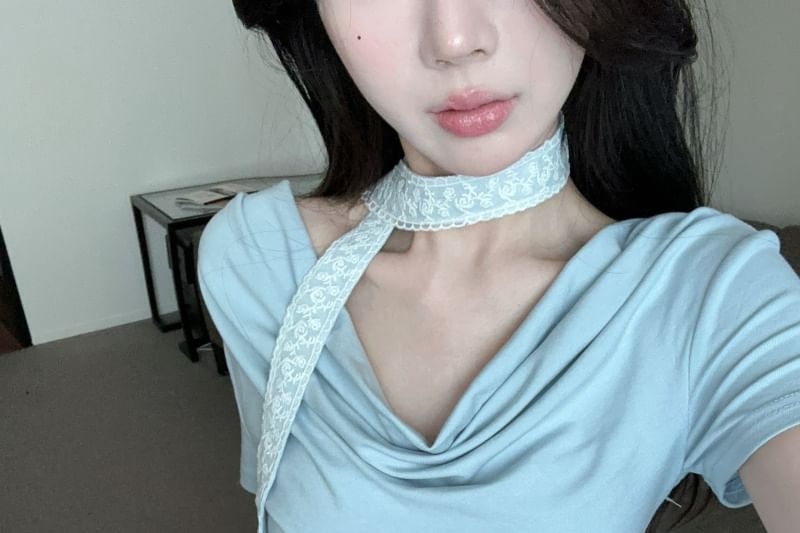 Plain Asymmetrical Neck Short-Sleeve Fit Cowl Slim Tee