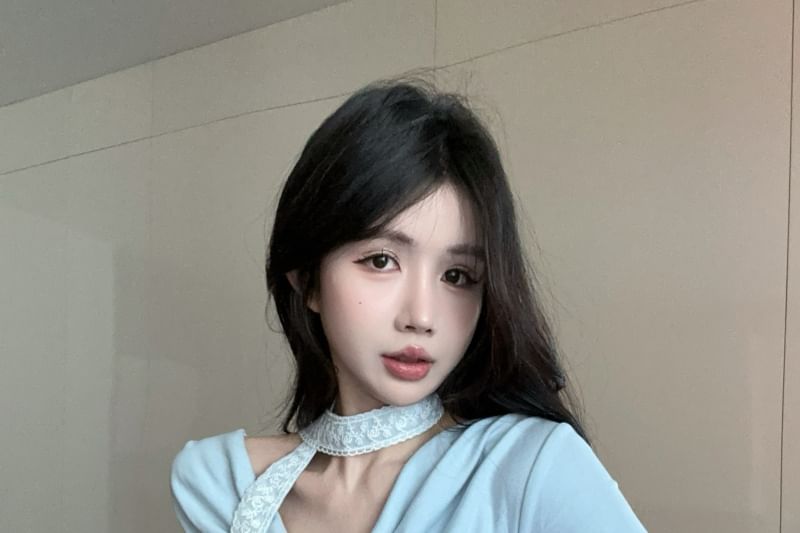 Plain Asymmetrical Neck Short-Sleeve Fit Cowl Slim Tee