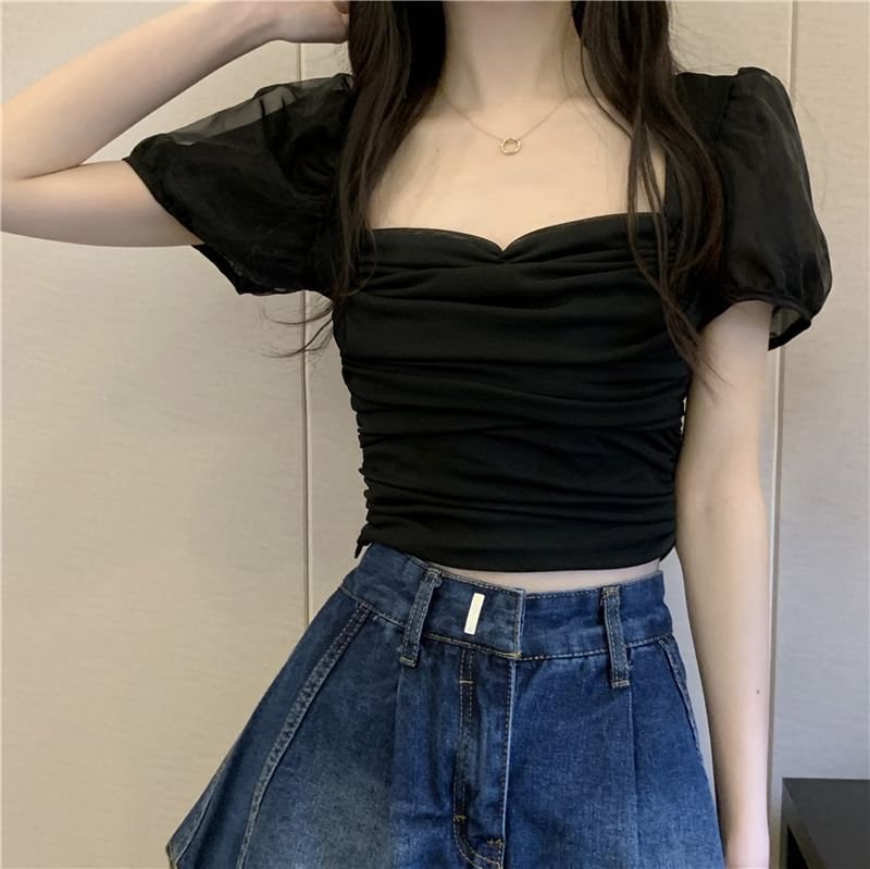 Plain Slim Crop Top Puff-Sleeve Ruched Fit