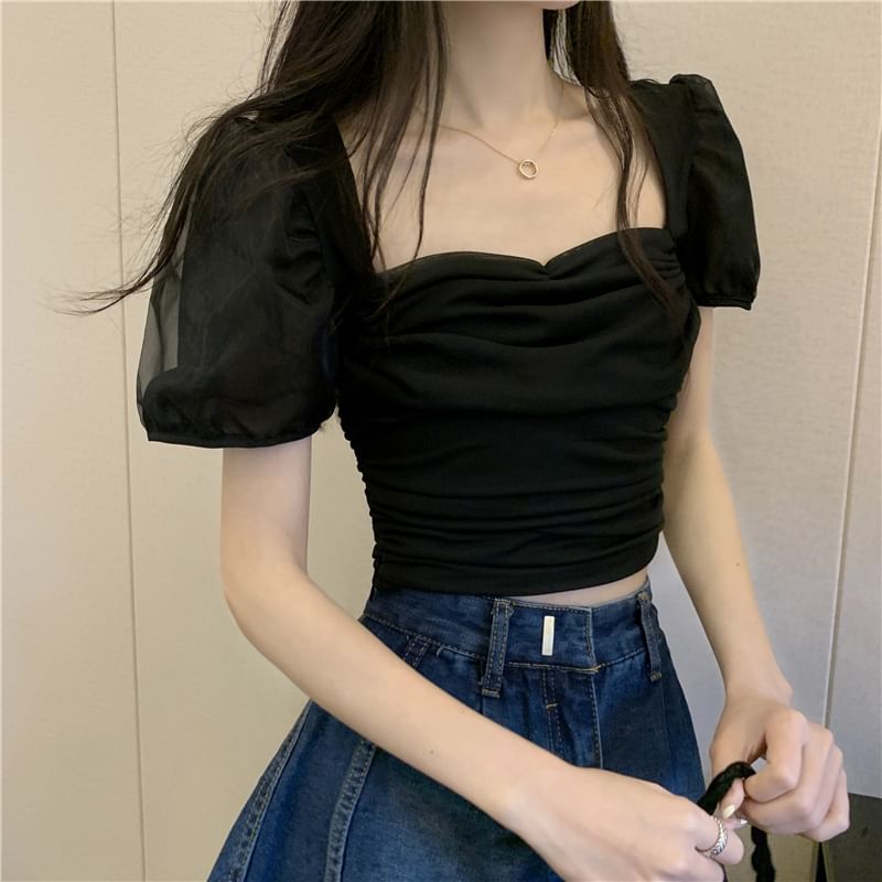 Plain Slim Crop Top Puff-Sleeve Ruched Fit