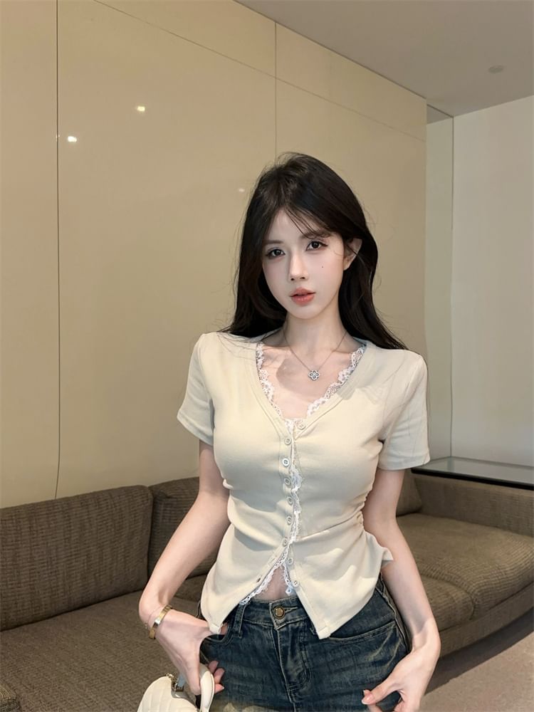 Trim Lace Plain Fit Tee Button Short-Sleeve Slim V-Neck