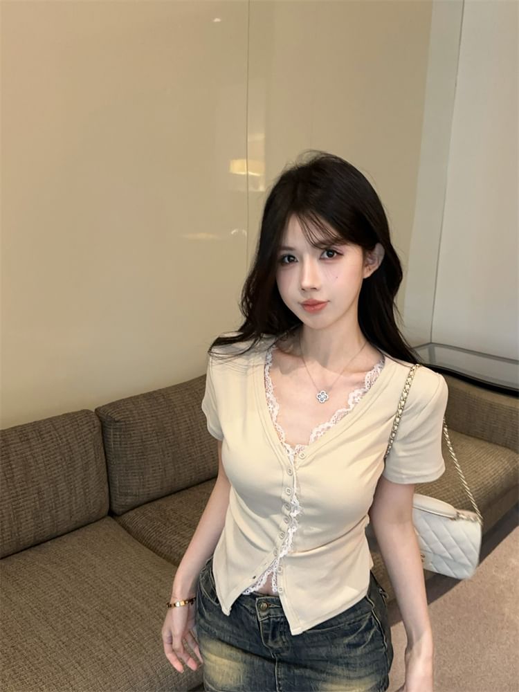 Trim Lace Plain Fit Tee Button Short-Sleeve Slim V-Neck