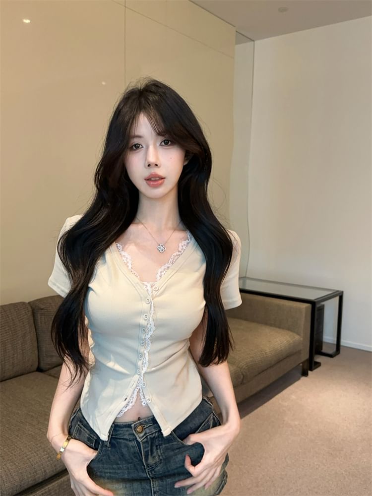 Trim Lace Plain Fit Tee Button Short-Sleeve Slim V-Neck