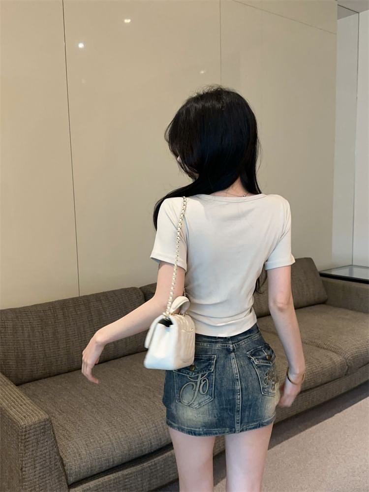 Trim Lace Plain Fit Tee Button Short-Sleeve Slim V-Neck