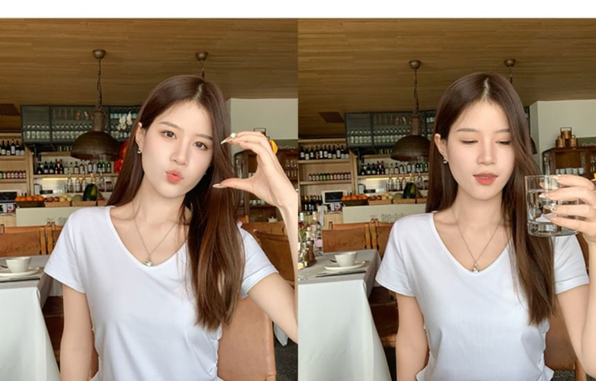 Ruched Plain V-Neck T-Shirt Short-Sleeve