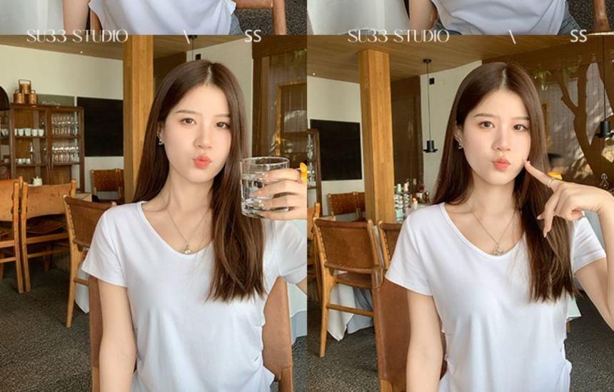 Ruched Plain V-Neck T-Shirt Short-Sleeve