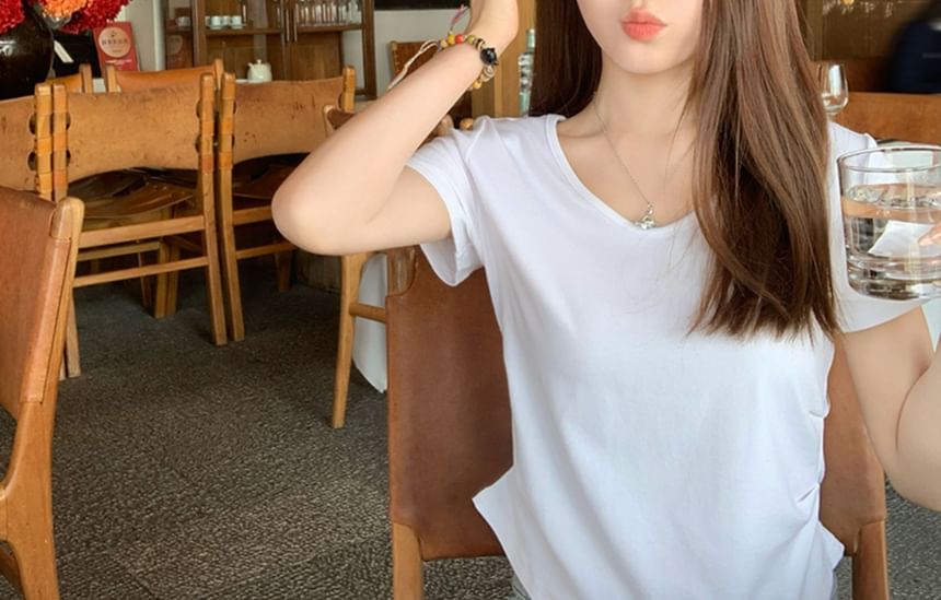 Ruched Plain V-Neck T-Shirt Short-Sleeve