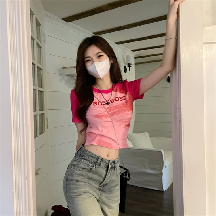 Slim Lettering T-Shirt Raglan Crop Fit Short-Sleeve Neck Round