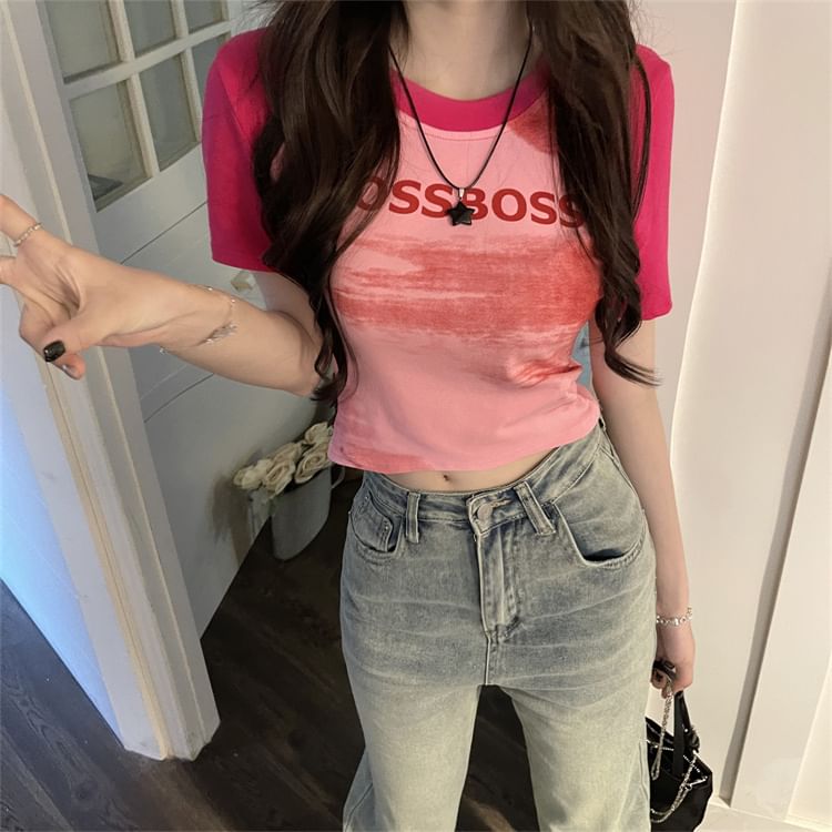 Slim Lettering T-Shirt Raglan Crop Fit Short-Sleeve Neck Round