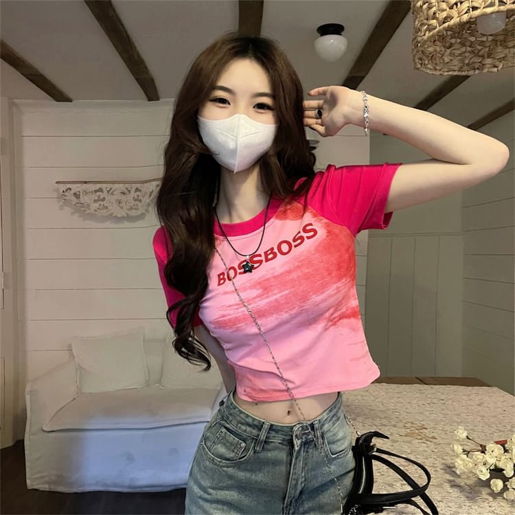 Slim Lettering T-Shirt Raglan Crop Fit Short-Sleeve Neck Round