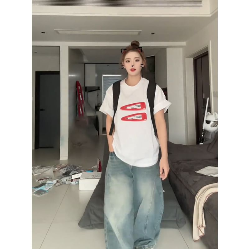 Round Neck Short-Sleeve Oversized Print T-Shirt