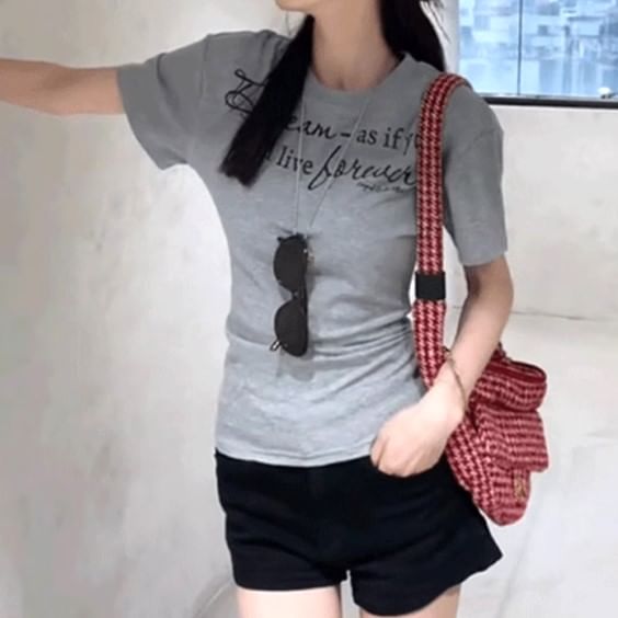 Neck T-Shirt Short-Sleeve Slim Lettering Crew Fit