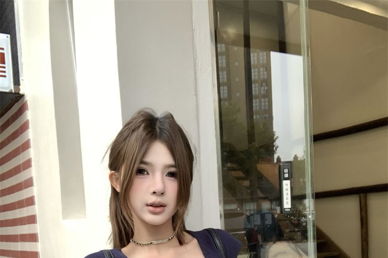 Plain Slim T-Shirt Henley Short-Sleeve Crop Fit