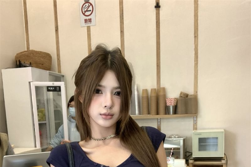 Plain Slim T-Shirt Henley Short-Sleeve Crop Fit