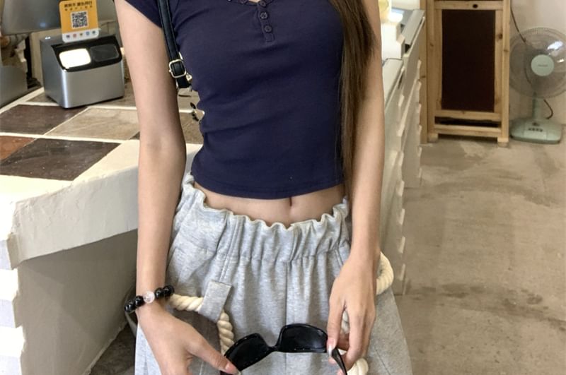 Plain Slim T-Shirt Henley Short-Sleeve Crop Fit