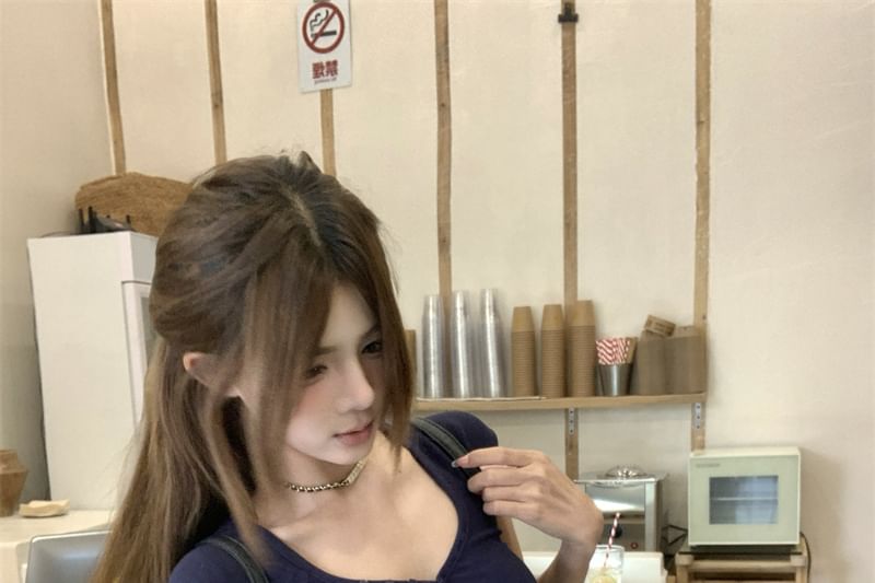 Plain Slim T-Shirt Henley Short-Sleeve Crop Fit