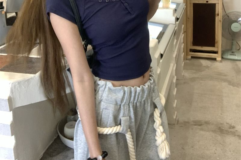 Plain Slim T-Shirt Henley Short-Sleeve Crop Fit