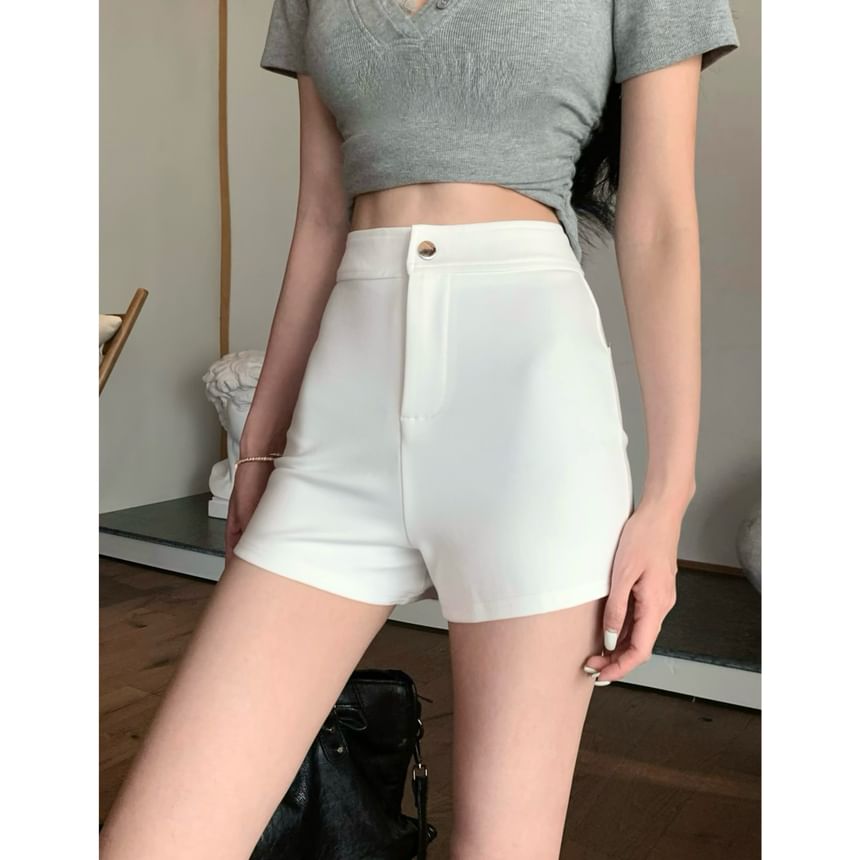 Two-Piece High / Waist Lace Slim Tee Mock Short-Sleeve Fit Trim V-Neck Plain Shorts