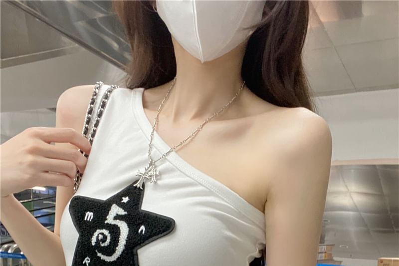 Slim Tank Fit Top Applique One-Shoulder Star