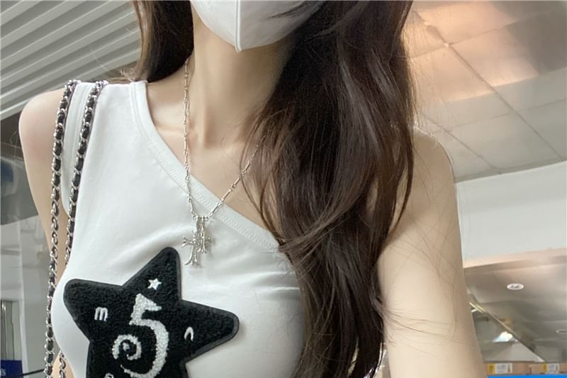 Slim Tank Fit Top Applique One-Shoulder Star