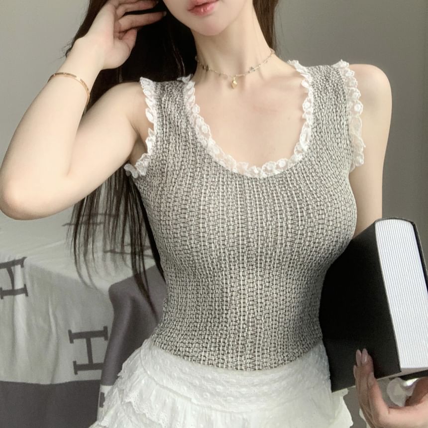 Trim Tank Top Neck Slim Fit Scoop Crop Lace
