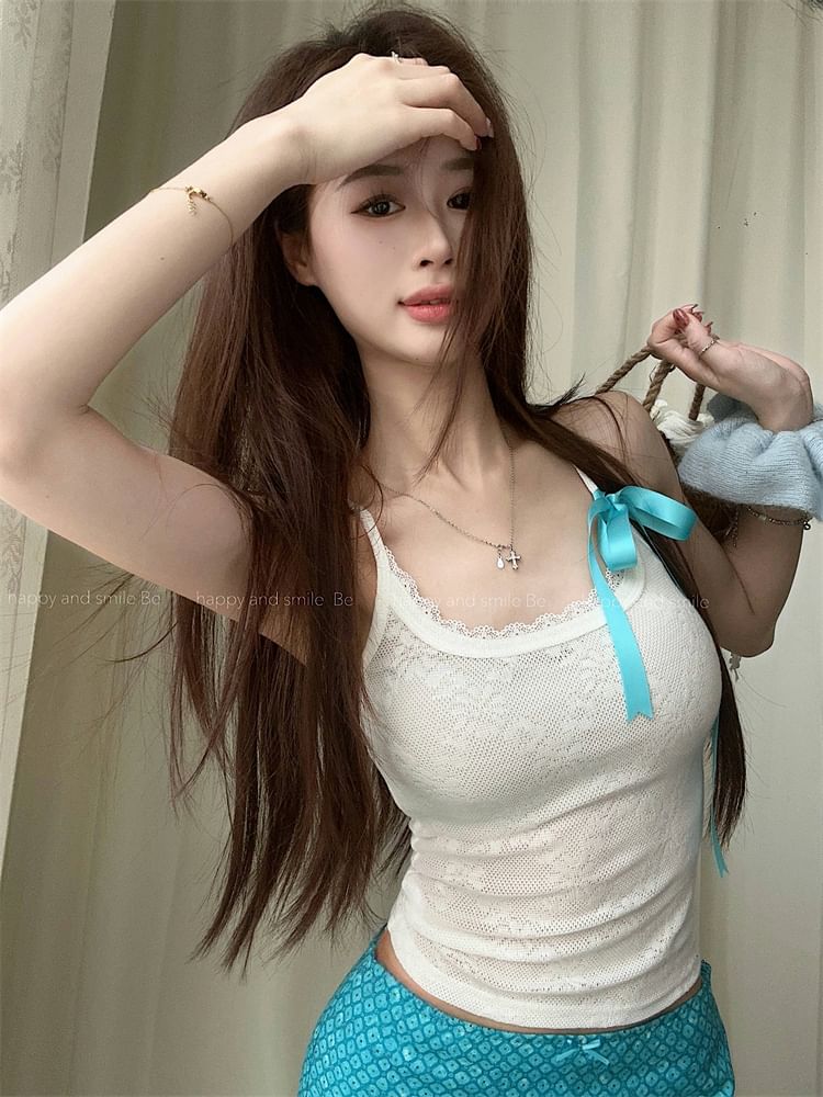 Floral Bow Waist Cami Mid Slim Pencil Fit Lace Top Mini Print / Skirt
