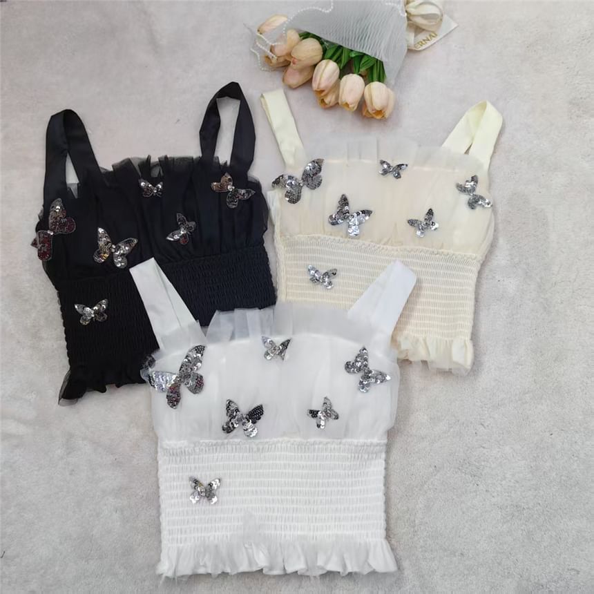 Tank Sequin Butterfly Slim Crop Top Mesh Fit Panel Padded