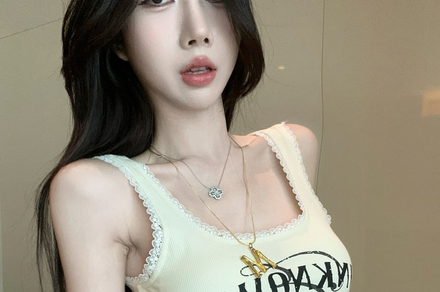 Crop Top Square Fit Slim Lettering Neck Tank Trim Lace