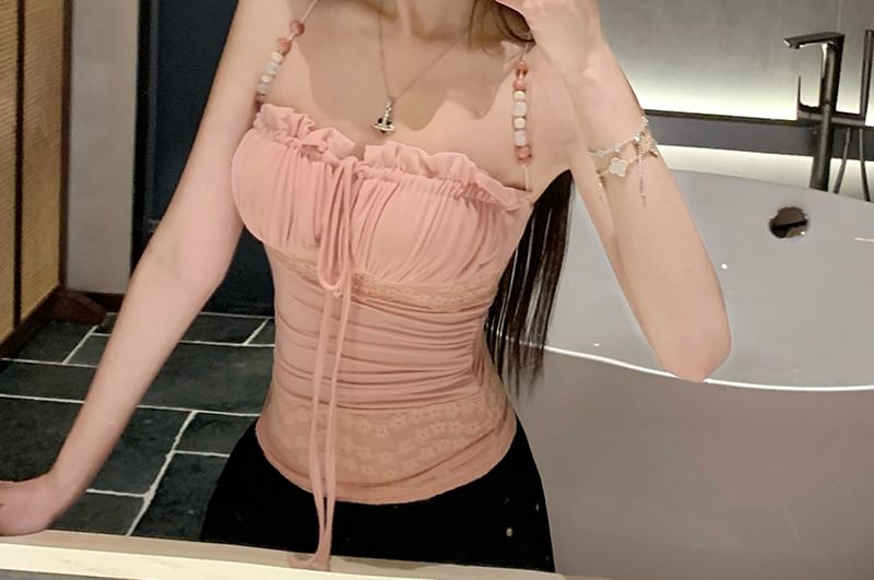 Camisole Fit Panel Halter Beaded Top Slim Bow Lace