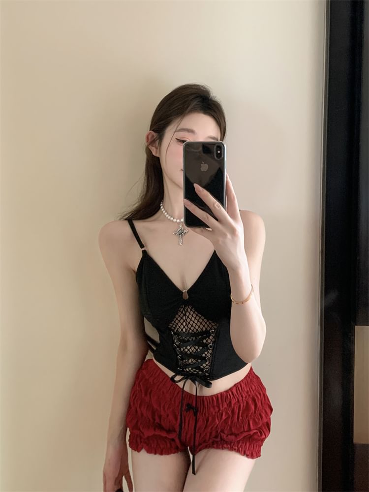 Slim Mesh Top Fit Crop Lace-Up Camisole Plain Panel