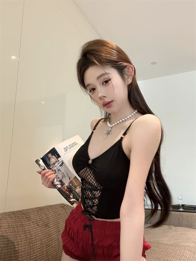 Slim Mesh Top Fit Crop Lace-Up Camisole Plain Panel