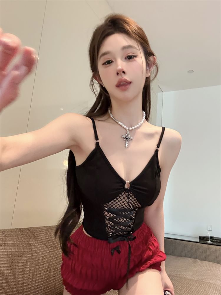 Slim Mesh Top Fit Crop Lace-Up Camisole Plain Panel