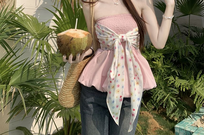 Floral Top Peplum Tube Bow
