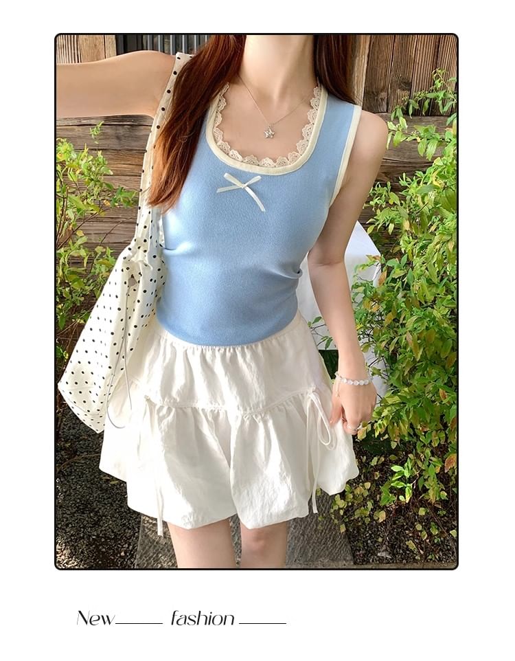 Bow Neck Square Lace Slim Fit Trim Tank Top