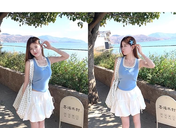 Bow Neck Square Lace Slim Fit Trim Tank Top