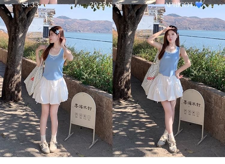 Bow Neck Square Lace Slim Fit Trim Tank Top