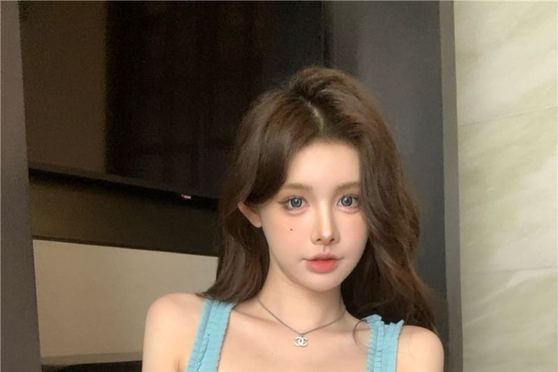 Square Trim Top Neck Rhinestone Slim Tank Fit Frill