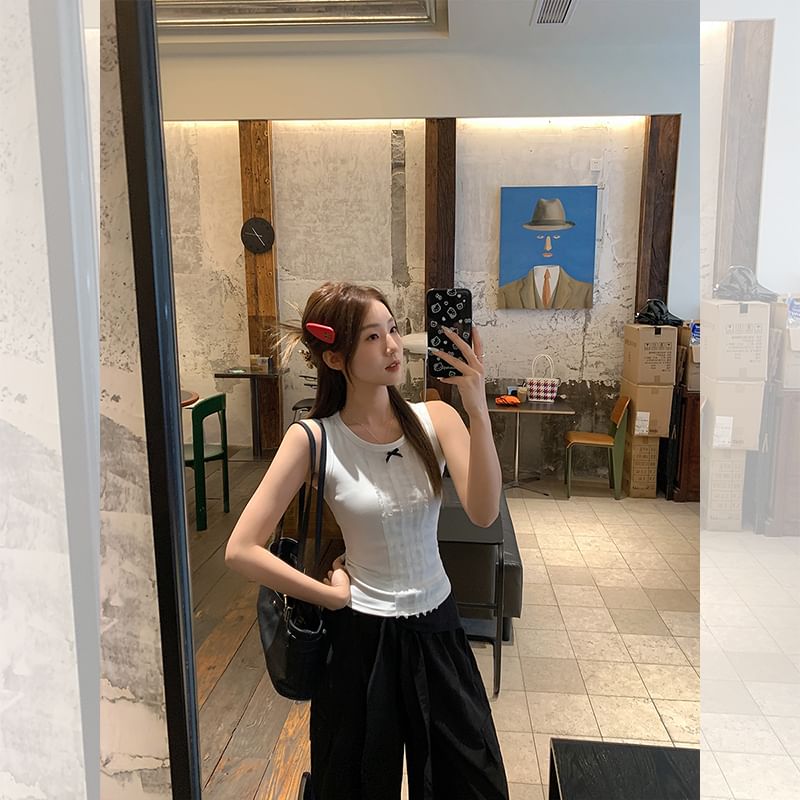 Lace Top Bow Fit Neck Slim Crew Panel Tank