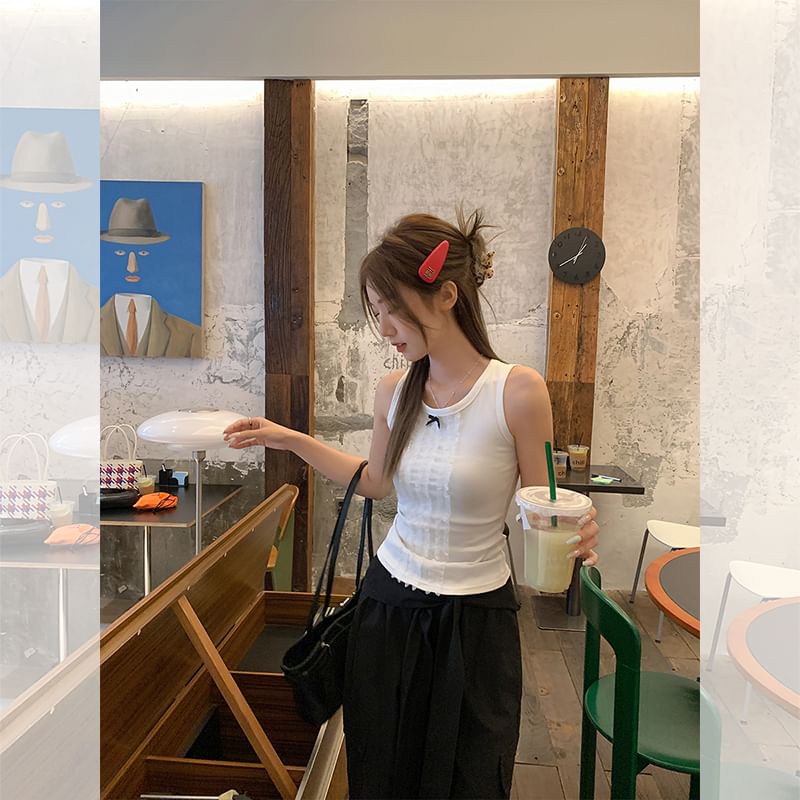 Lace Top Bow Fit Neck Slim Crew Panel Tank