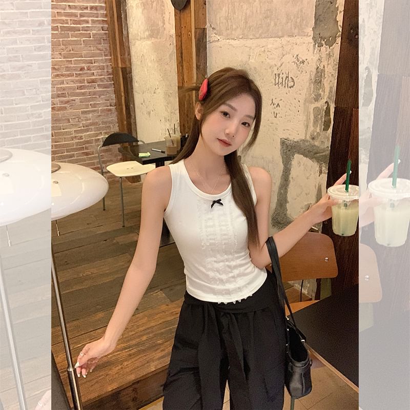 Lace Top Bow Fit Neck Slim Crew Panel Tank