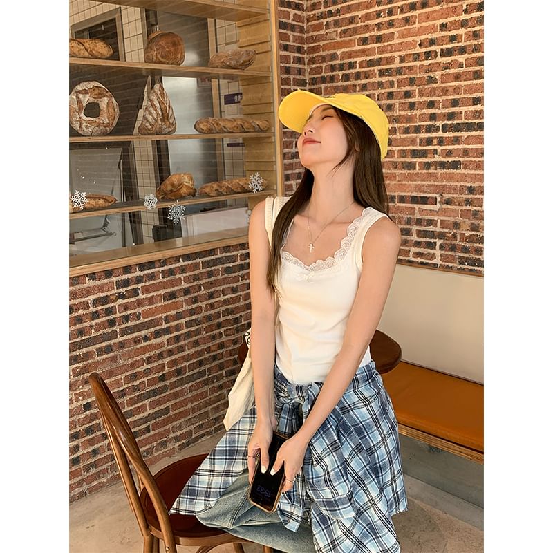 Plain Bow Lace Top Tank Fit Square Neck Trim Slim