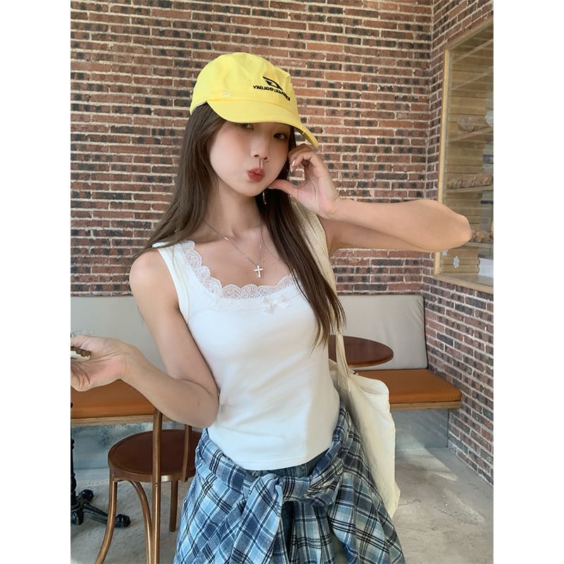 Plain Bow Lace Top Tank Fit Square Neck Trim Slim