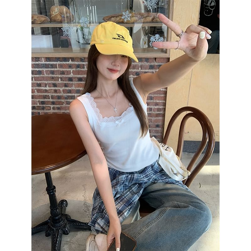 Plain Bow Lace Top Tank Fit Square Neck Trim Slim