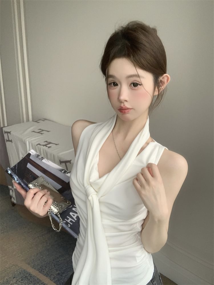 Fit Tank Cowl Plain Scarf + Slim Top Set: Neck