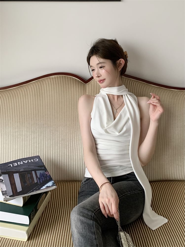 Fit Tank Cowl Plain Scarf + Slim Top Set: Neck