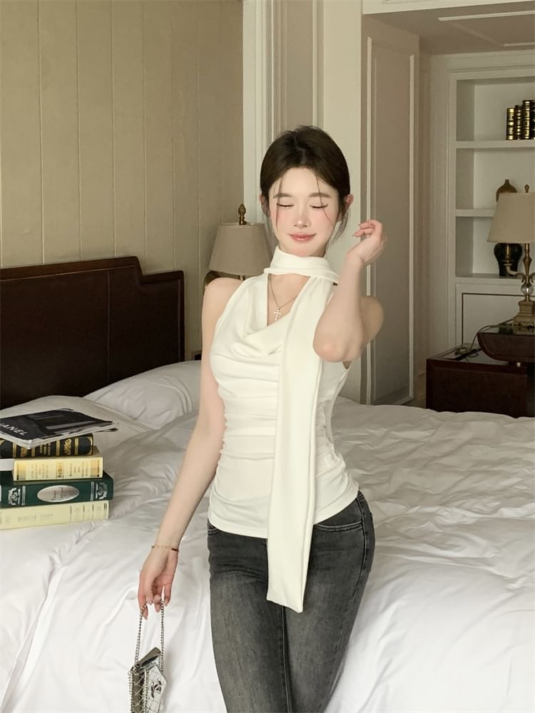 Fit Tank Cowl Plain Scarf + Slim Top Set: Neck